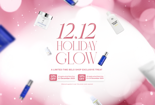 Cosmetic products with '12.12 Holiday Glow' text on a pink background