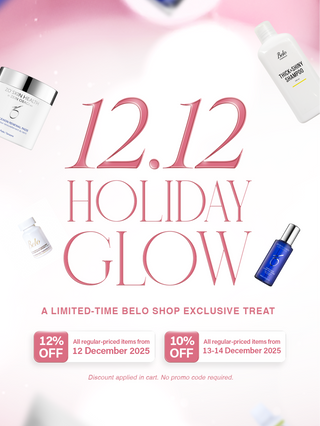 Promotional poster for '12.12 Holiday Glow' sale with cosmetic products on a pink background.
