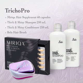 TrichoPro (Thick & Shiny, MIRIQA® Hair Supplement, and Belo Hair Brush)